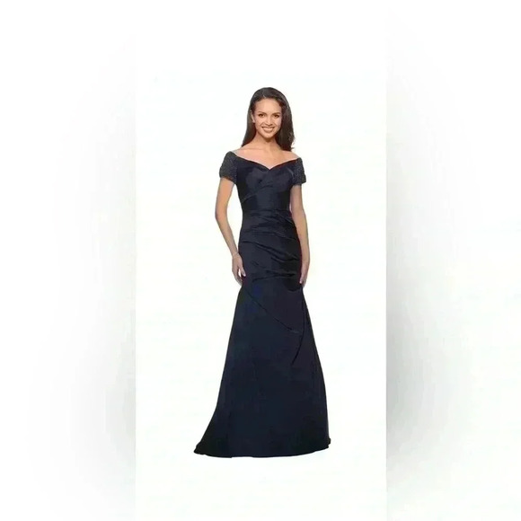 NEW LA FEMME Women Navy Blue Exquisite Beaded Off Shoulder Satin Dress Gown 4 - Picture 1 of 10